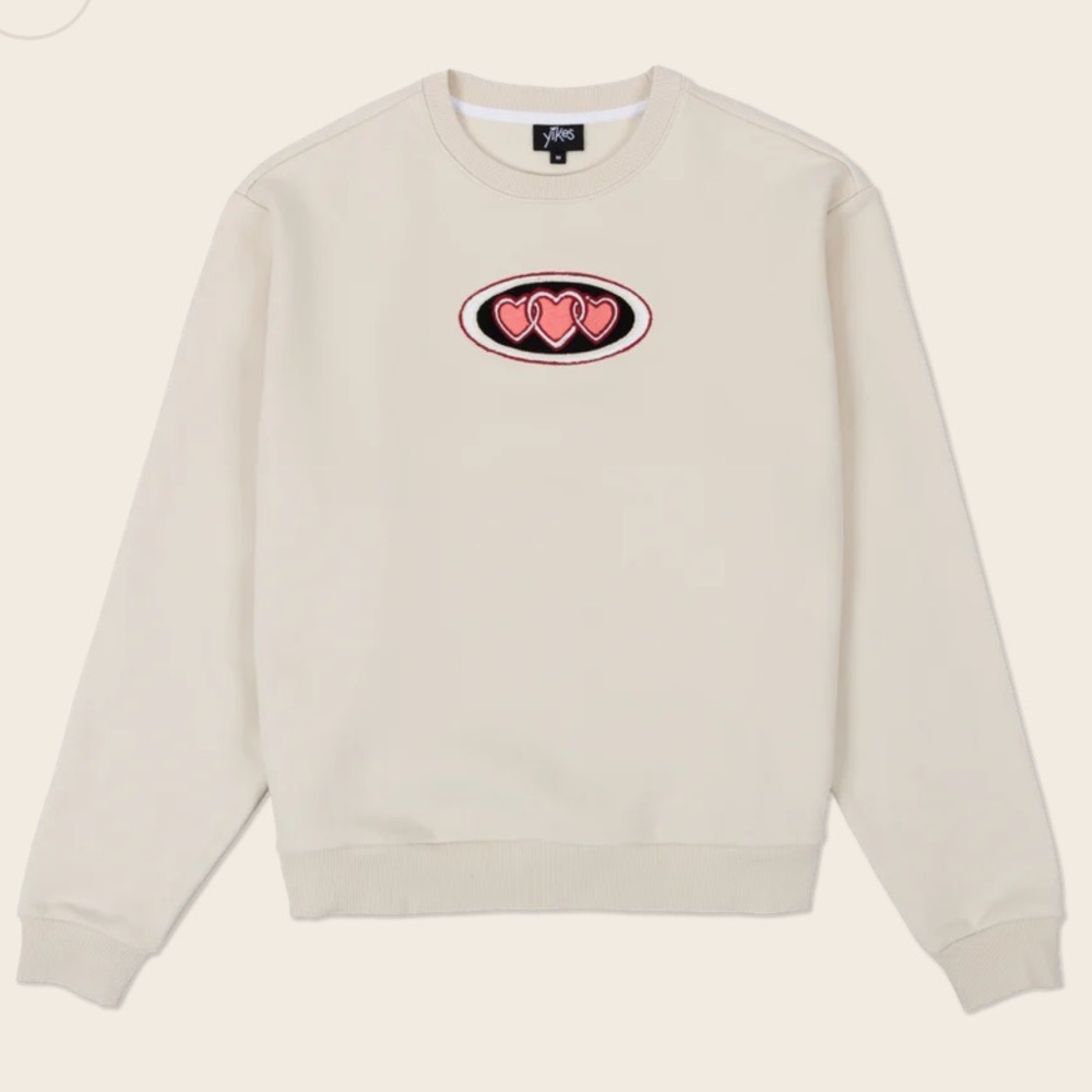 Yikes NWT Love Sick Sweatshirt Ivory Beige Medium Crewneck Hearts Warren James